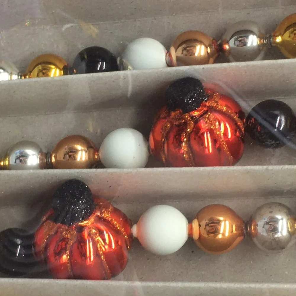 RADKO Shiny Brite GLASS GARLAND 7ft Pumpkin Halloween Black Orange Gold White